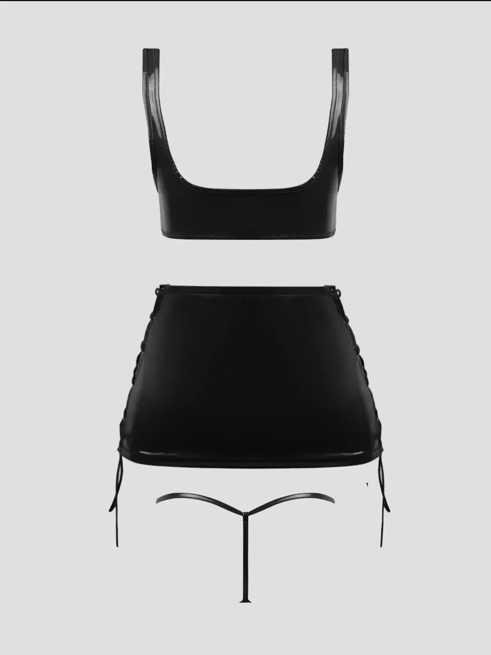 Vinyl 3pc Lace-Up Bralette Mini Skirt & G-String Set | Black | Size L
